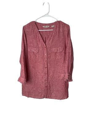 ORVIS Women’s 100% Linen Red 3/4 Sleeve Button-l Up Shirt Coastal Vacation Sz L